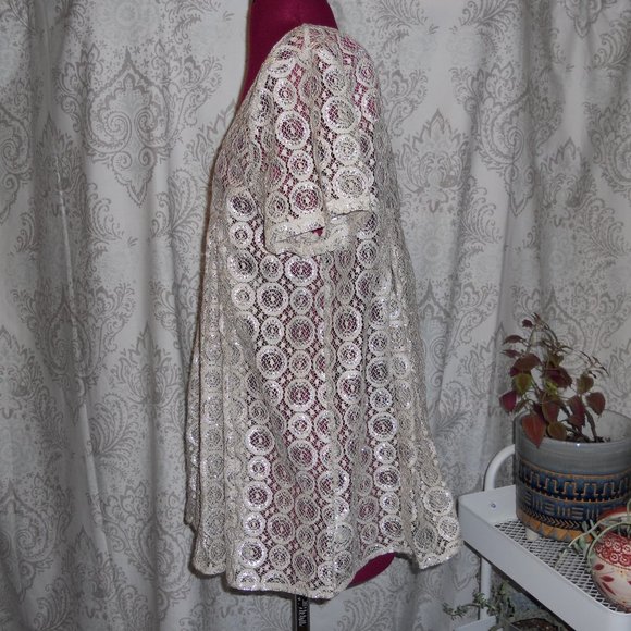 Anthro Akemi + Kin XL Scoop Neck S/S Top Ivory Metallic Popover - Picture 3 of 7